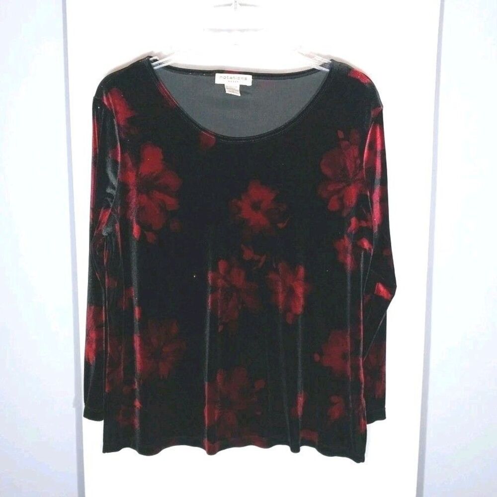 Notations Velour Floral Top 1X Black Red Sparkle Stretch Tunic Long Sleeve Goth